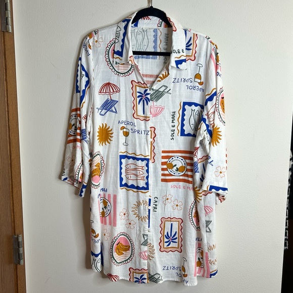 Label of Love XL Vibrant Graphic Casual Button Down Shirt Linen Blend Tropical - Picture 2 of 9